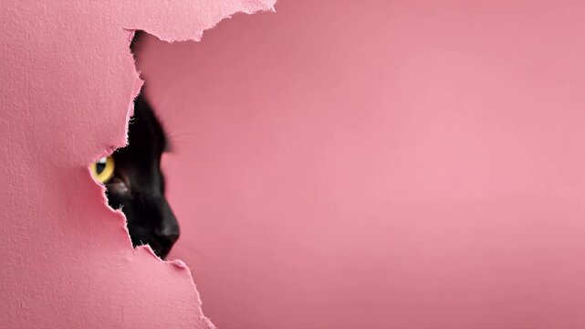 Black cat peeking through torn pink paper