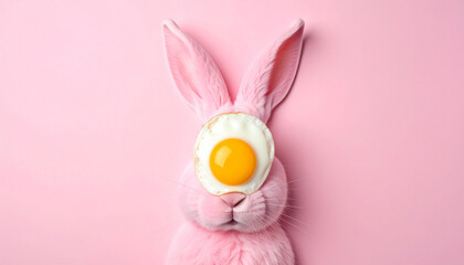 Pink Easter Bunny With Fried Egg Covering One Eye On Pink Background rabbit