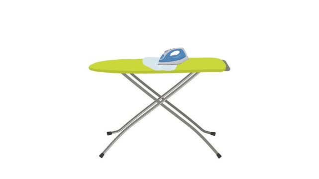 Blue Iron,  Green Ironing Board. Animation. Process of ironing Clothes. Stack of ironed things. Video on White Background