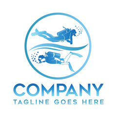 Scuba Diving Company Logo Template Underwater Diver Silhouette Vector Emblem with Ocean Wave Circle Badge Design © Vector World