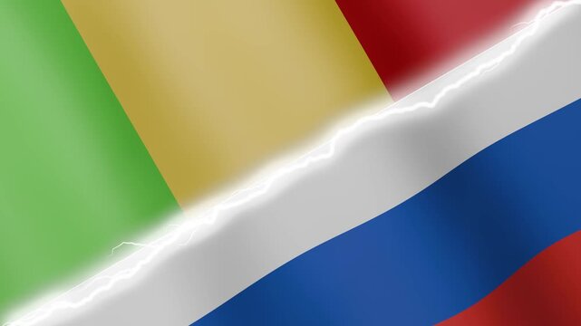 Two waving flags Mali and Russia with diagonal lightning seamless, 4k loop