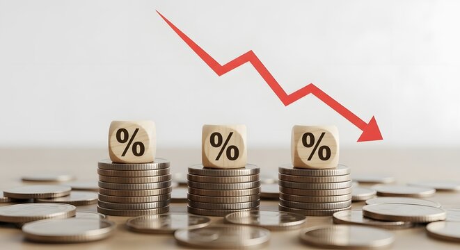 A downward trending arrow pointing to a stack of coins with percentage symbols on top.