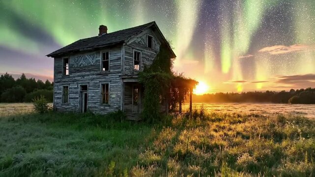 Abandoned House Under Aurora Borealis at Sunset.