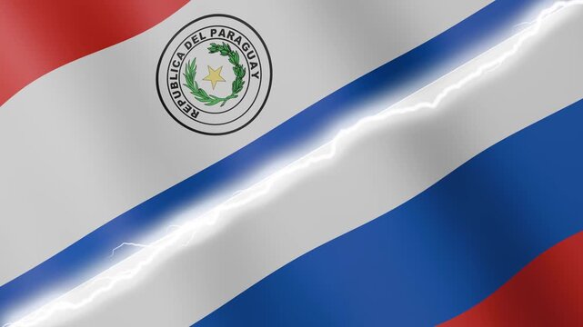 Two waving flags Paraguay and Russia with diagonal lightning seamless, 4k loop