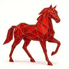 Obraz premium 3D Red Low Poly Horse Sculpture with Golden Wireframe for Chinese New Year 2026 Year of the Horse Isolated on White Background