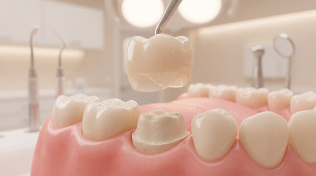 dental crown installation, tooth restoration, dentistry, dental care