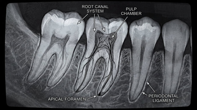 Dental x-ray of tooth root canal system and pulp chamber