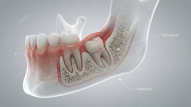 Wisdom tooth impacted in jaw bone, dental anatomy illustration