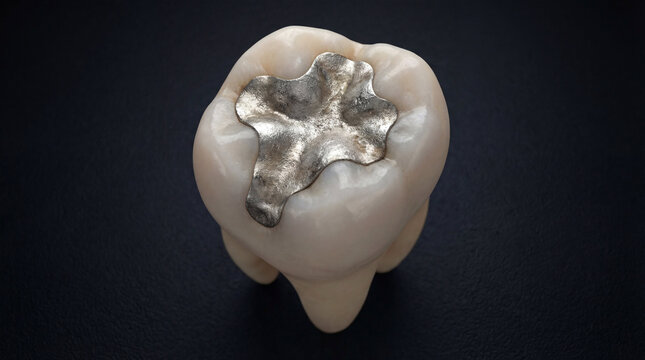 Dental tooth with silver filling, close-up
