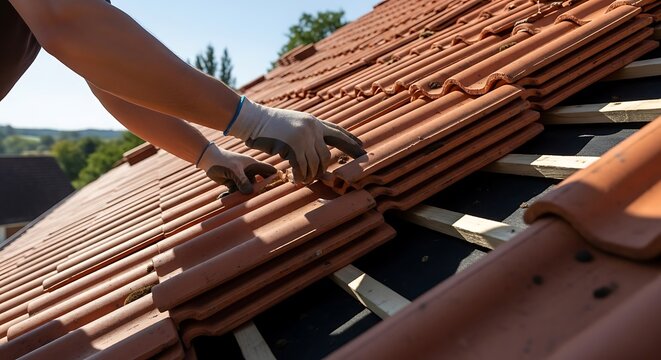 Craftsperson installing clay roof tiles for new house construction project