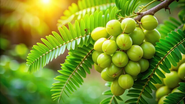 Vibrant amla fruit cluster adds pop of color on lush green vegetable leafy greens background