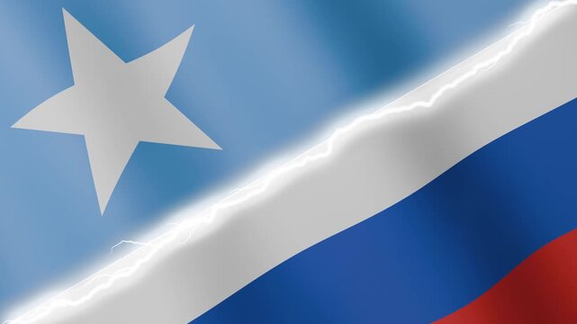 Two waving flags Somalia and Russia with diagonal lightning seamless, 4k loop