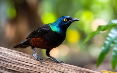 Fototapeta premium Vibrant Wild Bird with Iridescent Feathers in Tropical Rainforest Habitat