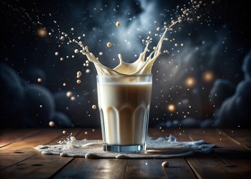 A glass of cold milk spills its creamy goodness on a dark and mysterious morning backdrop