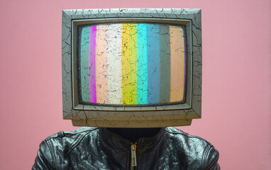 Surreal TV Head Man in Pink Metallic Jacket Aesthetic Art