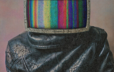 Surreal TV Head Man in Pink Metallic Jacket Aesthetic Art