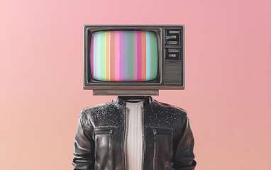 Surreal TV Head Man in Pink Metallic Jacket Aesthetic Art
