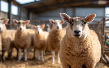 Obraz premium Sheep in Traditional Farm Barn with Natural Light and Backdrop Elements