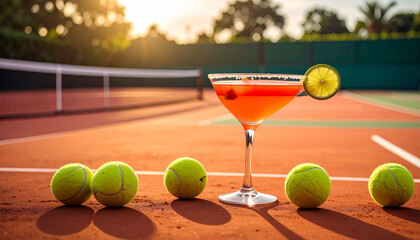 Refreshing cocktail and tennis balls on a sunlit tennis court drink refreshment