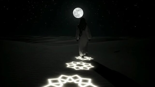 A profound ramadan surrealism journey Solitary figure walks a desert path, illuminated by sacred geometric patterns under a radiant full moon and a majestic starry night sky
