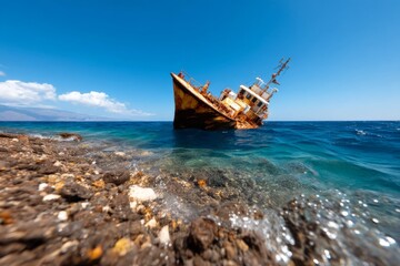 Fototapeta premium Shipwreck Part Resting on Ocean Floor in Deep Blue Waters Under Clear Sky