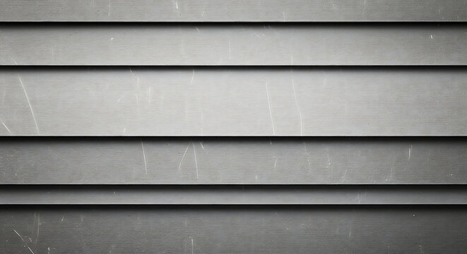 A close-up view of horizontal metal slats with scratches on a metallic surface viewed from the front