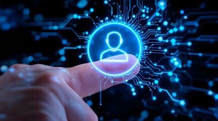 Fototapeta premium Concept art of a human finger touching a floating AI button, glowing neural network connections