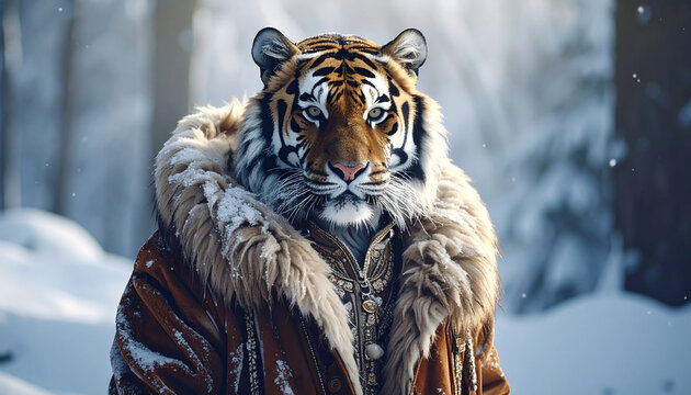 Tiger adorned in an ornate fur-lined jacket with intricate details in snow animal