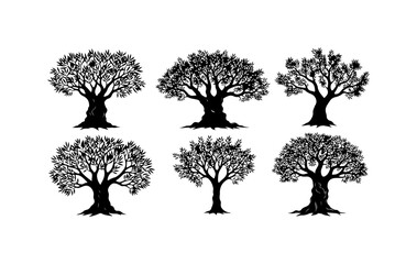 Six Stylized Black and White Tree Vector Icons
