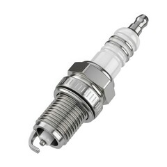 Close-up view of a spark plug with a silver and white color scheme
