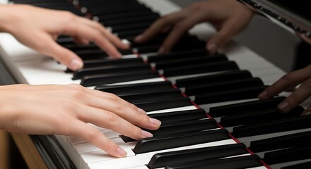 Obraz premium Close-up of Woman's Hands Gracefully Playing Classic Piano Keys
