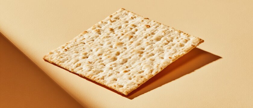 Single matzo flatbread cracker on tan background with geometric shadow, unleavened bread for Passover holiday celebration, minimal food product shot with copy space