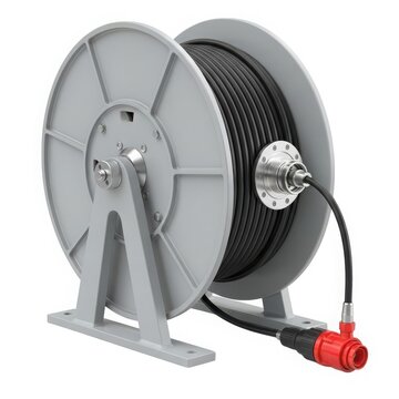 Industrial cable reel with a black cable and red connector on a gray stand