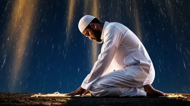 A Muslim man in profound prostration, bathed in ethereal golden light, capturing the serene and spiritual essence of Ramadan surrealism during prayer