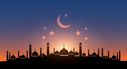 A silhouette of a city at sunset with a crescent moon © Marjan