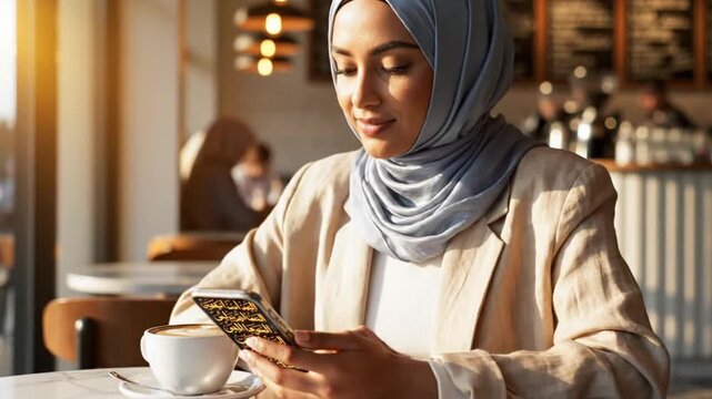 Bright lifestyle videography shot of a young Muslim woman wearing a neatly styled hijab seated near a sunlit cafe wall reading Quran verses on her smartphone warm natural light casting soft glow on he