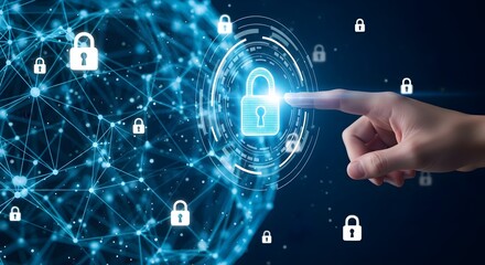 Fototapeta premium A person points to a digital padlock on a glowing cybersecurity network interface.