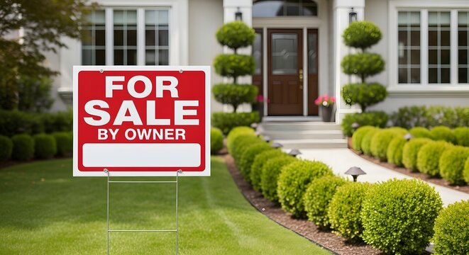 A charming house with a for sale by owner sign in the front yard