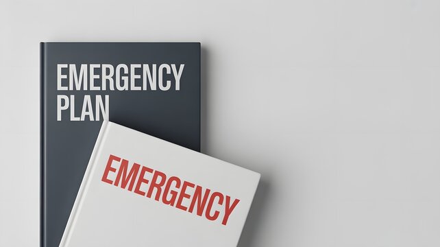 Emergency Plan and Response Documents on Desk, Crisis Management Preparation, Business Continuity Strategy, Disaster Recovery Planning, Risk Assessment and Safety Procedures