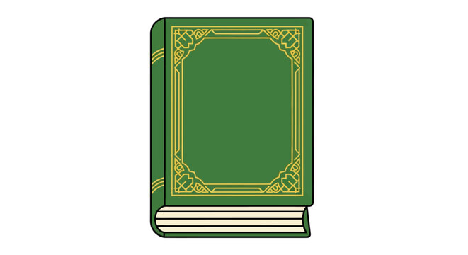 Green book with golden border and pages illustration.