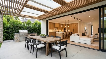 Fototapeta premium Outdoor dining area and modern kitchen with living room view outdoor dining table