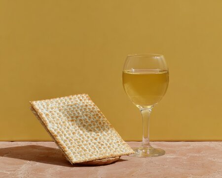 Jewish Passover Holiday Still Life with Matzoh and Glass of Wine Prepared for Seder Ritual Ceremony on Rustic Surface Against Yellow Background with Copy Space