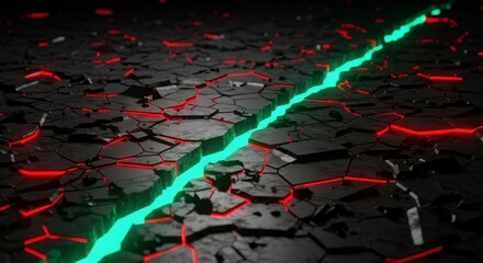 Cracked Earth With Glowing Green and Red Energy Lines Abstract Background