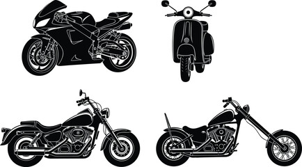 Naklejka premium Motorcycle, scooter, chopper, bikes, set, silhouette, transport, vehicle, vector, illustration, motorbike, riding, speed, design, black, collection, isolated, graphic, machine, icon