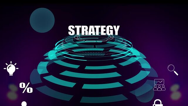 Digital visualization of business strategy and professional development with glowing hud interface, strategic execution and corporate task management icons for success