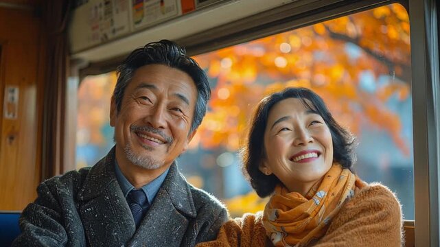 秋の電車旅のイメージ動画（シニア、夫婦、笑顔）
