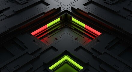 Dark Futuristic Grid With Red And Green Illuminated Rectangles And Square Patterns