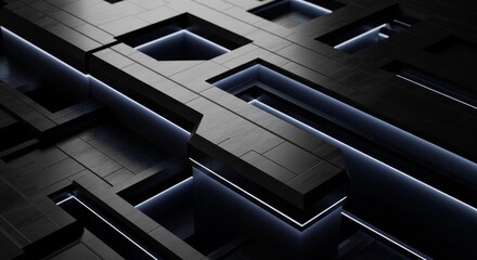 Dark Futuristic Abstract Grid With Neon Blue Light Accents And Metallic Texture