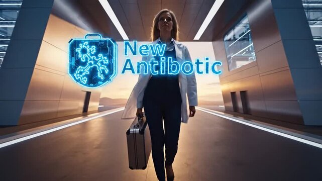 Female doctor walks with new antibiotic graphic in futuristic facility