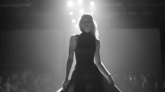 A model confidently struts down a dramatic runway lit by spotlights at a high-fashion evening event